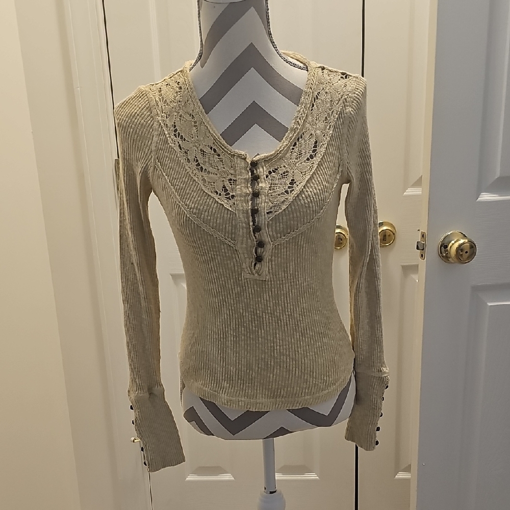 Free People Cream Fitted Long Sleeve Top